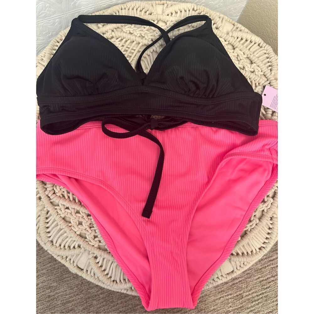 🌸 Wild Fable Pink and Black Ribbed Low Rise High Leg Bikini Size X 14/16 New